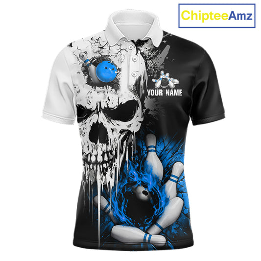 Personalized Blue Grunge Skull Bowling Shirt For Men, Bowling League Team Jersey Polo & 1/4 Zip TDM6419