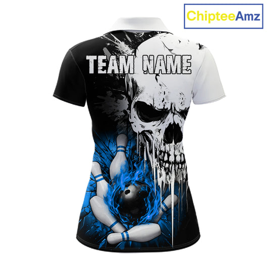 Personalized Blue Grunge Skull Bowling Shirt For Women, Bowling League Team Jersey Polo & 1/4 Zip TDM6419