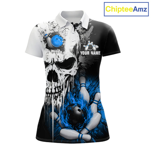 Personalized Blue Grunge Skull Bowling Shirt For Women, Bowling League Team Jersey Polo & 1/4 Zip TDM6419