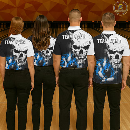 Personalized Blue Grunge Skull Bowling Shirt For Women, Bowling League Team Jersey Polo & 1/4 Zip TDM6419