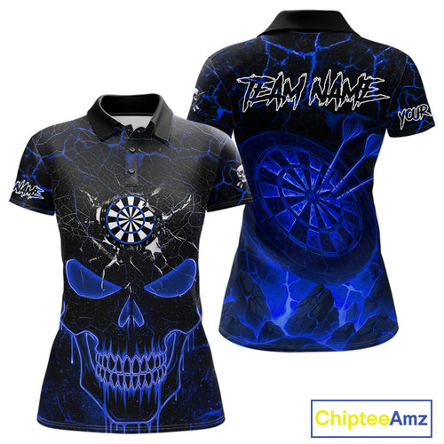 Personalized Skull Cracks Pattern Blue Darts Shirt For Women, Darts League Jersey Polo & 1/4 Zip TDM5105
