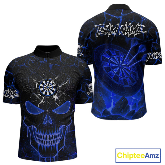 Personalized Skull Cracks Pattern Blue Darts Shirt For Men, Darts League Jersey Polo & 1/4 Zip TDM5105