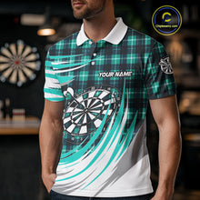 Load image into Gallery viewer, Personalized Turquoise Dartboard Plaid Mens Darts Shirt Custom Darts Jersey Team Polo &amp; 1/4 Zip TDM5328