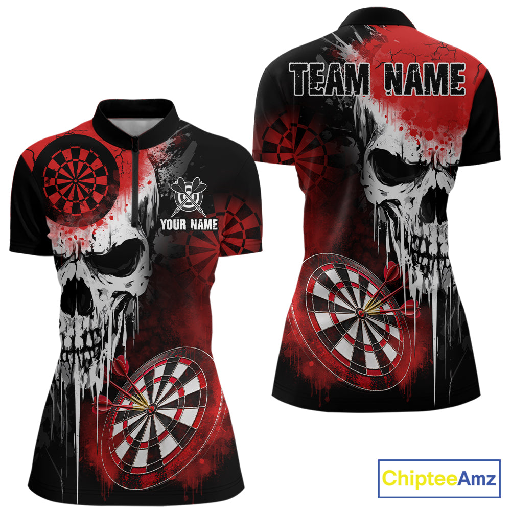 Personalized Red Grunge Skull Darts Shirt For Women Custom Darts Jersey Team Polo & Quarter Zip TDM6430