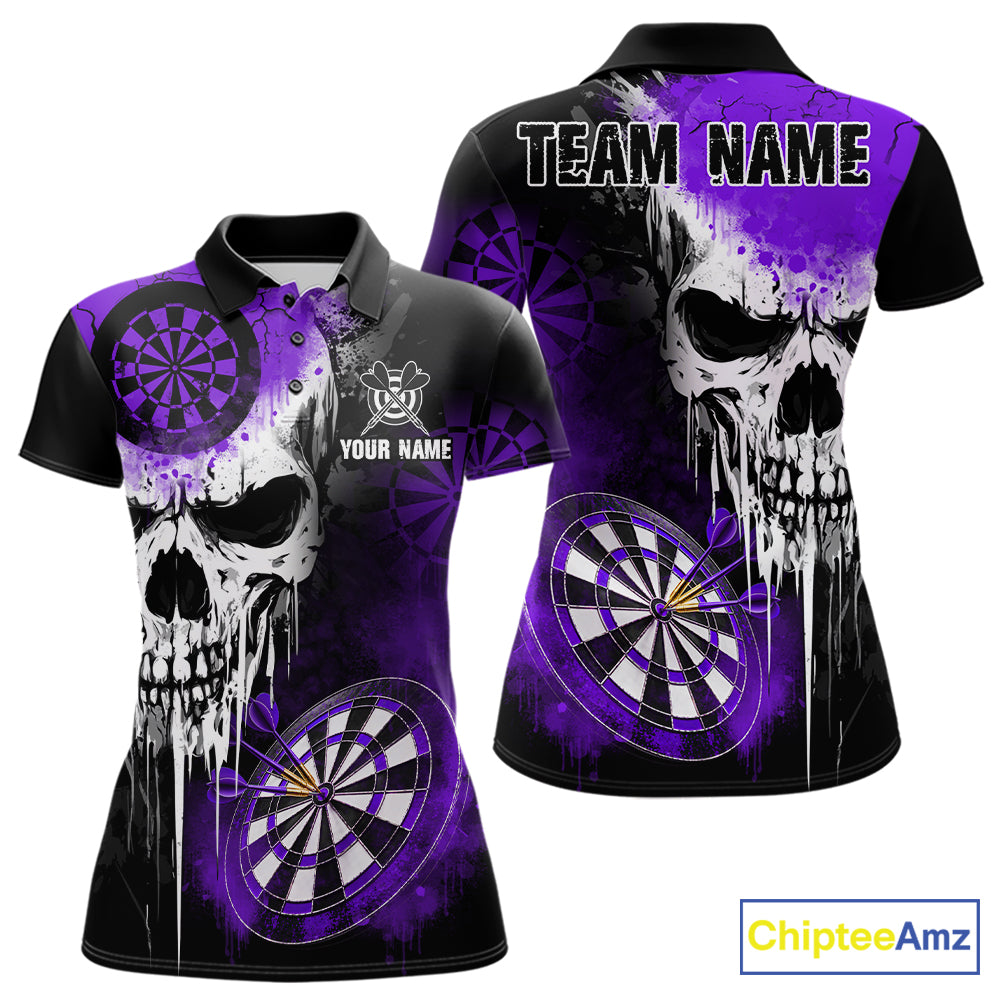 Personalized Purple Grunge Skull Darts Shirt For Women Custom Darts Jersey Team Polo & 1/4 Zip TDM6431