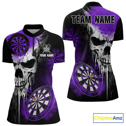Personalized Purple Grunge Skull Darts Shirt For Women Custom Darts Jersey Team Polo & 1/4 Zip TDM6431
