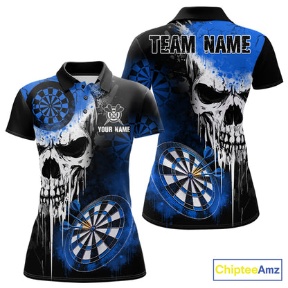 Personalized Blue Grunge Skull Darts Shirt For Women Custom Darts Jersey Team Polo & 1/4 Zip TDM6432