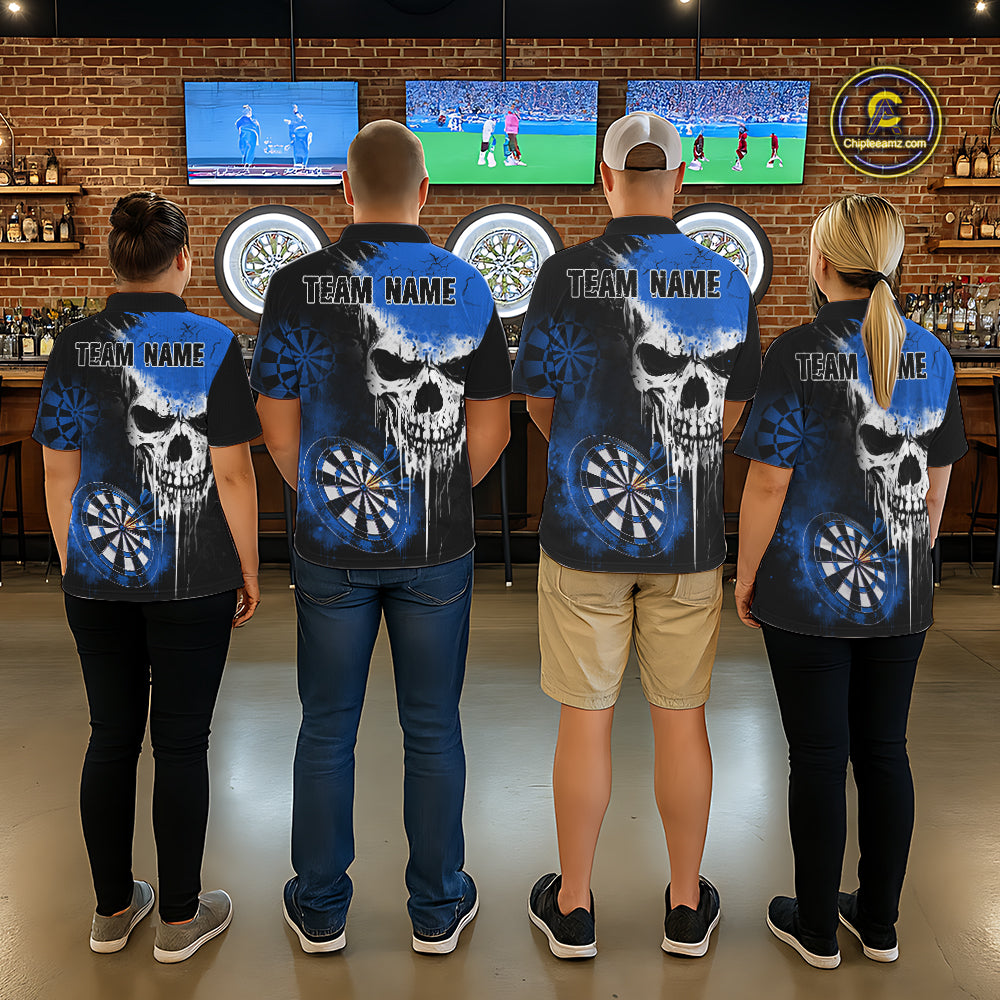 Personalized Blue Grunge Skull Darts Shirt For Women Custom Darts Jersey Team Polo & 1/4 Zip TDM6432
