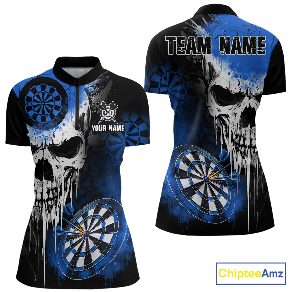 Personalized Blue Grunge Skull Darts Shirt For Women Custom Darts Jersey Team Polo & 1/4 Zip TDM6432