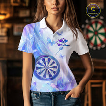 Load image into Gallery viewer, Woman wearing a white polo shirt with a colorful design of butterflies and a dartboard, with 'Your Name' text.
