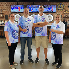 Load image into Gallery viewer, Four people in matching holographic pastel darts shirts standing in a bar with butterfly graphic 