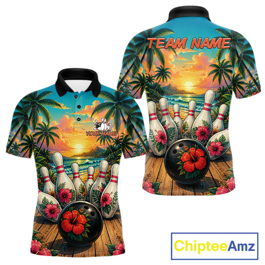 Men's bowling polo shirt featuring a tropical hibiscus and ocean scene design, with customizable player name and team name text.