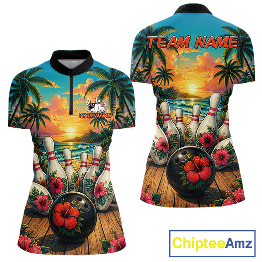 Women's bowling quarter zip shirt featuring a tropical hibiscus and ocean scene design, with customizable player name and team name text.