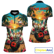 Load image into Gallery viewer, Women's bowling quarter zip shirt featuring a tropical hibiscus and ocean scene design, with customizable player name and team name text.