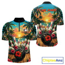 Load image into Gallery viewer, Men's bowling quarter zip shirt featuring a tropical hibiscus and ocean scene design, with customizable player name and team name text.