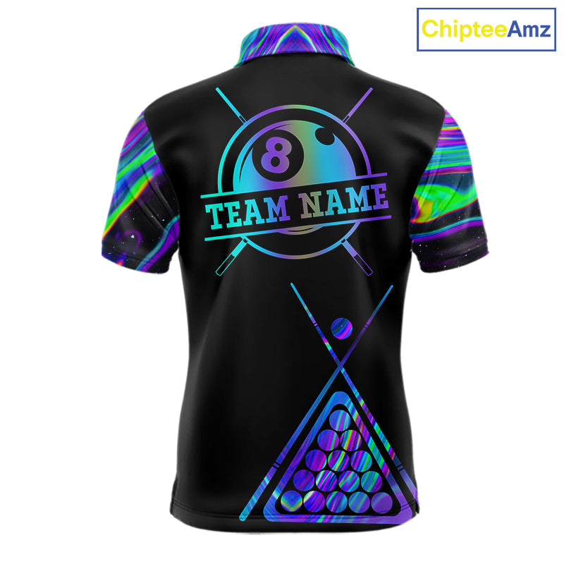 Neon purple blue 8 ball tie dye pool team polo shirt for men with vibrant billiard graphics.