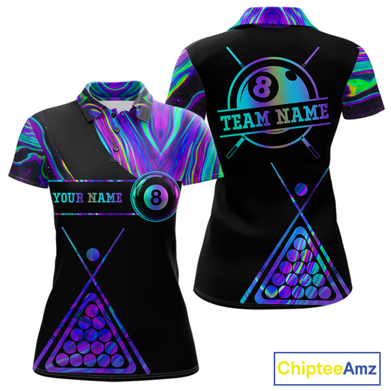 Neon purple blue 8 ball tie dye custom billiard polo shirt for women, pool team jersey and tournament apparel.