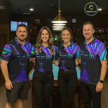 Load image into Gallery viewer, Pool team wearing matching neon purple blue 8 ball tie dye billiard jerseys front view.