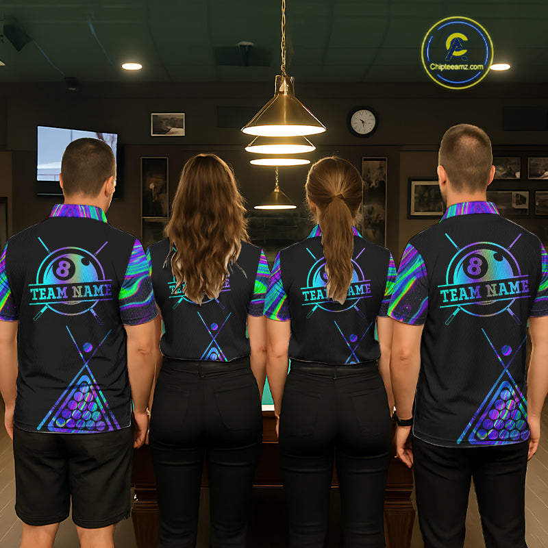 Back view of pool team wearing matching neon purple blue 8 ball tie dye billiard shirts.