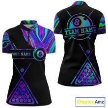 Load image into Gallery viewer, Neon purple blue 8 ball tie dye quarter zip billiard shirt for women, custom pool team jersey.