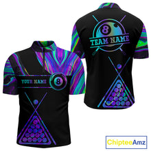 Load image into Gallery viewer, Neon purple blue 8 ball tie dye quarter zip billiard shirt for men, custom pool team jersey.