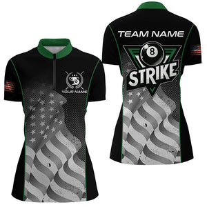 Retro American Flag Strike 8 Ball Billiard Shirts For Women Custom Patriotic Billiard Jerseys |Green TDM2115