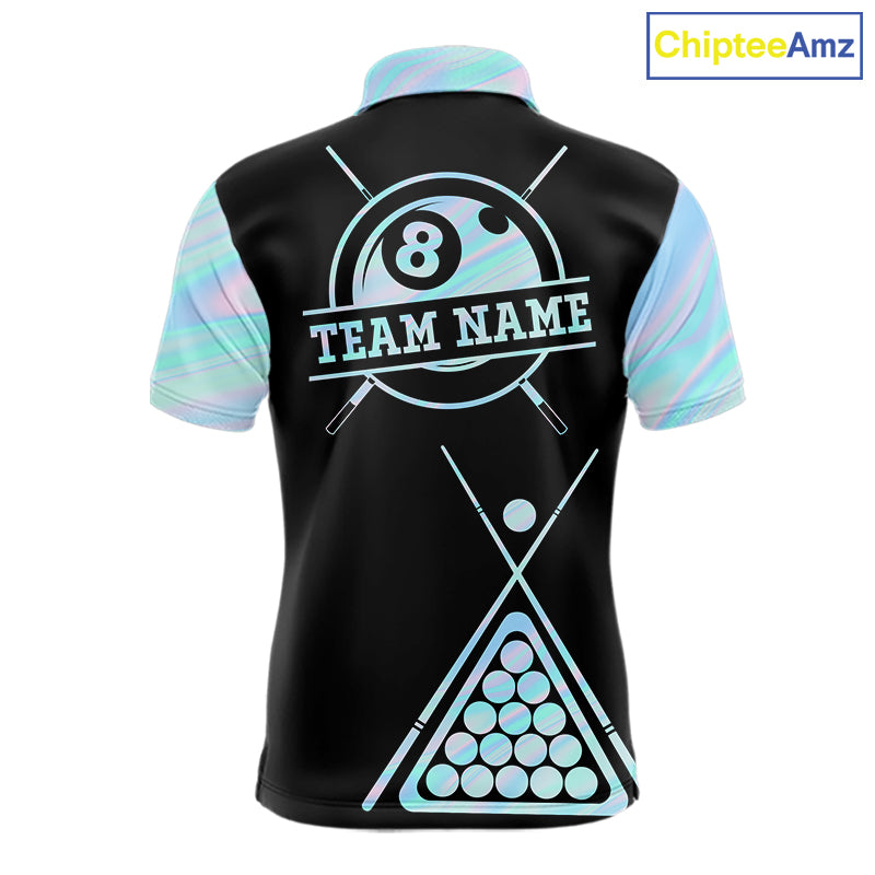 Custom Neon Holographic Blue 8 Ball Pool Tie Dye Polo Shirt for Men Designed for Personalized Billiard Team Jerseys with Premium Athletic Performance, Eye Catching Graphics, and League Ready Style