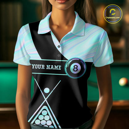 Woman Wearing Neon Holographic Blue 8 Ball Pool Tie Dye Billiard Polo Shirt with Athletic Performance Fit and Vibrant Holographic Graphic Artwork, Front View