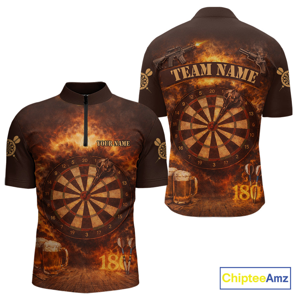 Personalized Fire Flaming Dartboard Beer Darts Polo & 1/4 Zip For Men Custom Darts Team Jersey TDM5827