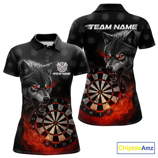 Black And Red Flaming Wolf Darts Polo & Quarter Zip For Women Custom Darts Team Jersey TDM5830