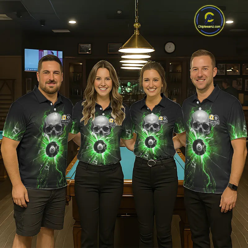 Green 8 & 9 Ball Skull Billiard Shirt For Men Custom Glass Break Pool Team Jersey Polo & 1/4 Zip TDM5972
