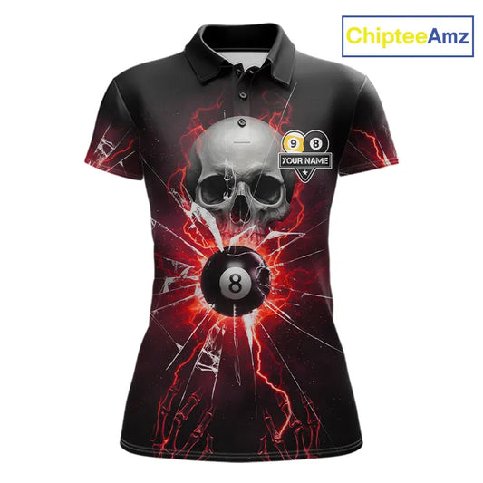 Red 8 Ball & 9 Ball Skull Billiard Shirt For Women Custom Glass Break Pool Team Jersey Polo, 1/4 Zip TDM5973
