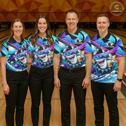 Blue Funny Shark Graffiti Bowling Shirts For Men, Best Bowling Team Jersey Polo & Quarter Zip TDM6209