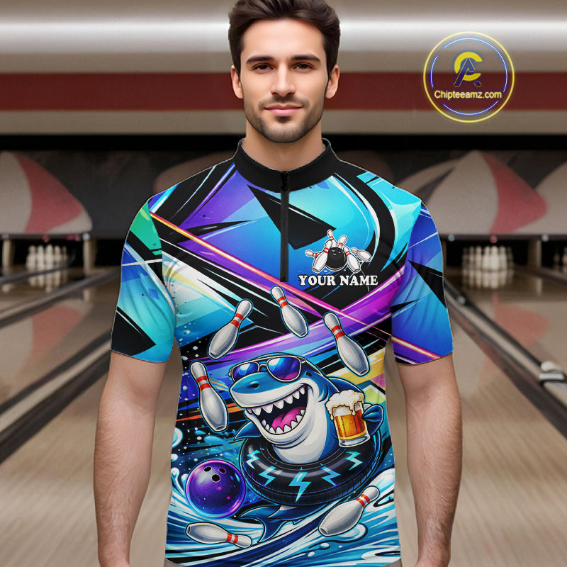 Blue Funny Shark Graffiti Bowling Shirts For Men, Best Bowling Team Jersey Polo & Quarter Zip TDM6209