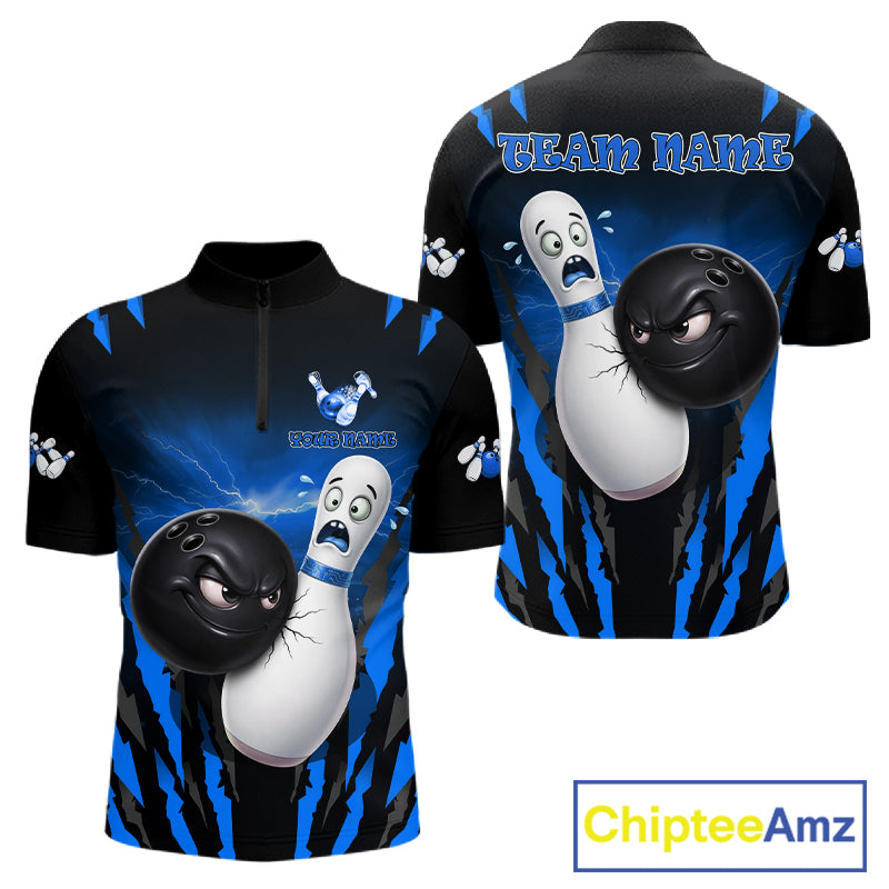 Funny Bowling Ball Custom Black And Blue Bowling Shirt For Men, Bowling Team Jersey Polo & 1/4 Zip TDM6211