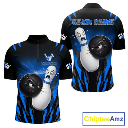 Funny Bowling Ball Custom Black And Blue Bowling Shirt For Men, Bowling Team Jersey Polo & 1/4 Zip TDM6211