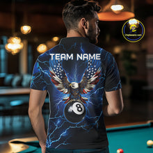 Load image into Gallery viewer, Back view of man wearing a blue thunder lightning pool team shirt in a billiards hall.