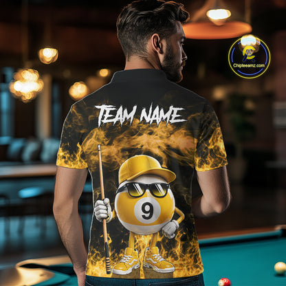 Back view of man wearing a yellow 9 ball flame smoke pool team jersey.
