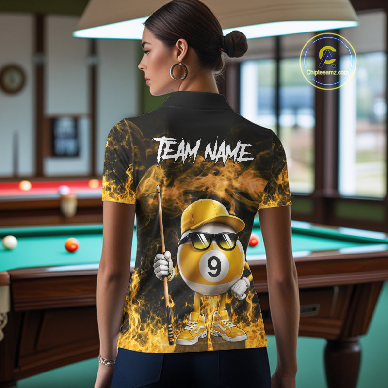 Back view of woman wearing a yellow 9 ball flame smoke pool team jersey.
