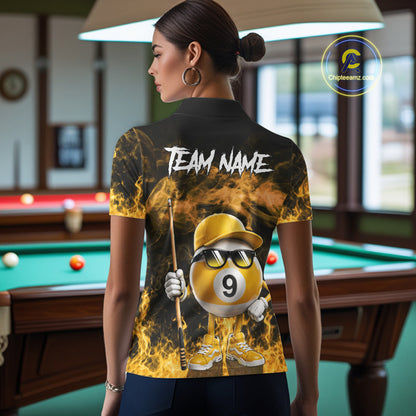 Back view of woman wearing a yellow 9 ball flame smoke pool team jersey.