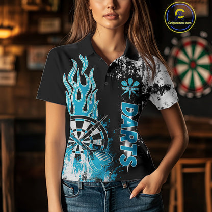Personalized Blue Grunge Womens Dart Shirts Custom Dart Jerseys Team Polo & 1/4 Zip, Darts Uniform TDM5122