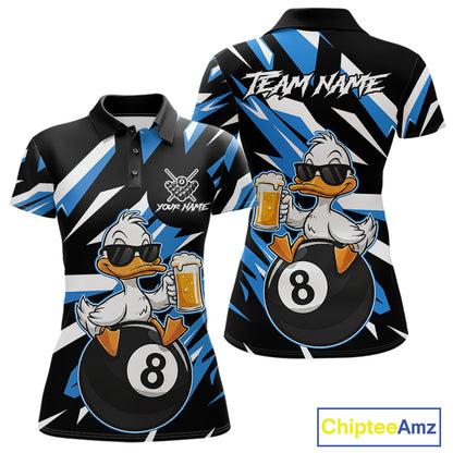 Custom Blue Funny Duck 8 Ball Pool Billiard Shirt For Women, Billiard Team Jersey Polo & 1/4 Zip TDM6450