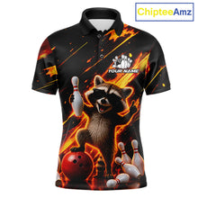 Load image into Gallery viewer, Funny raccoon flame bowling polo shirt for men, custom bowling team jersey and bowling gift.