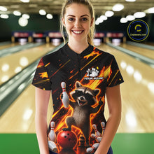 Load image into Gallery viewer, Woman wearing funny raccoon flame bowling quarter zip shirt front view.