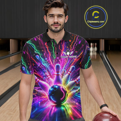 Man wearing colorful glowing bowling polo shirt front view.