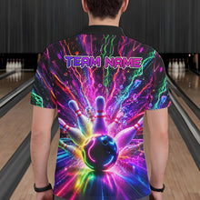 Load image into Gallery viewer, Man wearing colorful glowing bowling polo shirt back view.