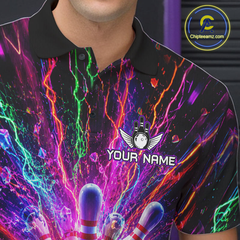 Close up of colorful glowing bowling polo shirt collar, buttons and chest design.
