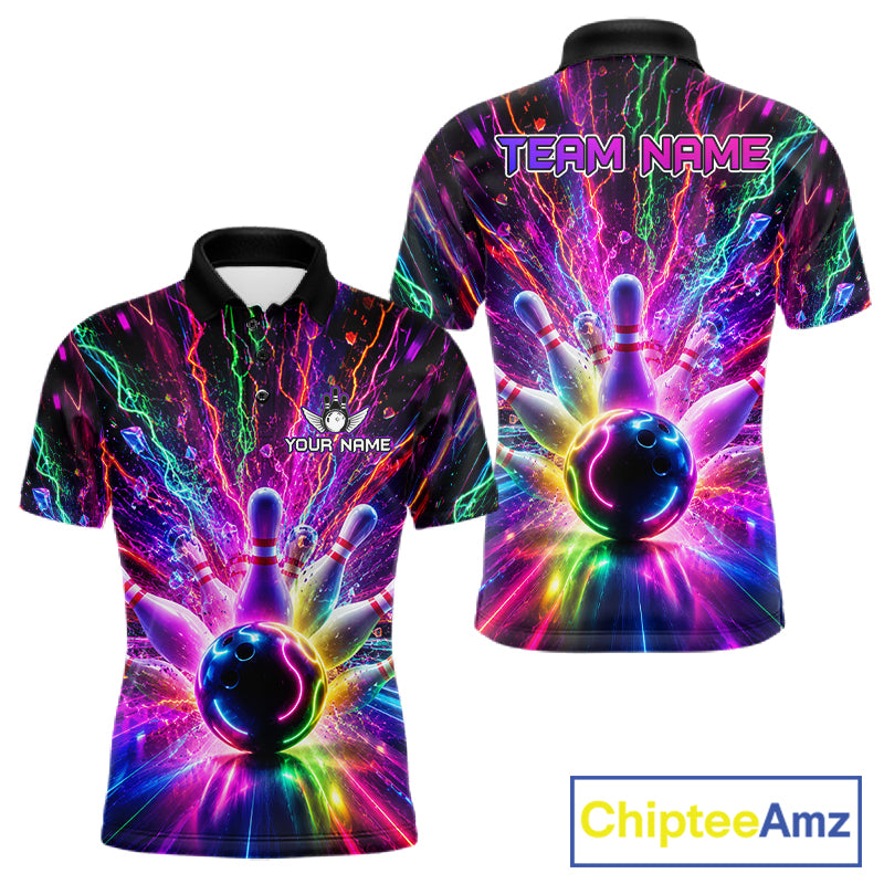 Colorful glowing bowling team polo shirt for men with vibrant neon graphics.