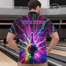 Load image into Gallery viewer, Man wearing colorful glowing bowling quarter zip shirt back view.