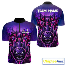 Load image into Gallery viewer, Purple neon monster bowling quarter zip shirt for men, custom bowling jersey.